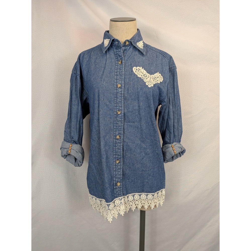 UltraClub Cypress Denim Shirt Womens Small Blue Lace Crochet Hem Western Boho Be